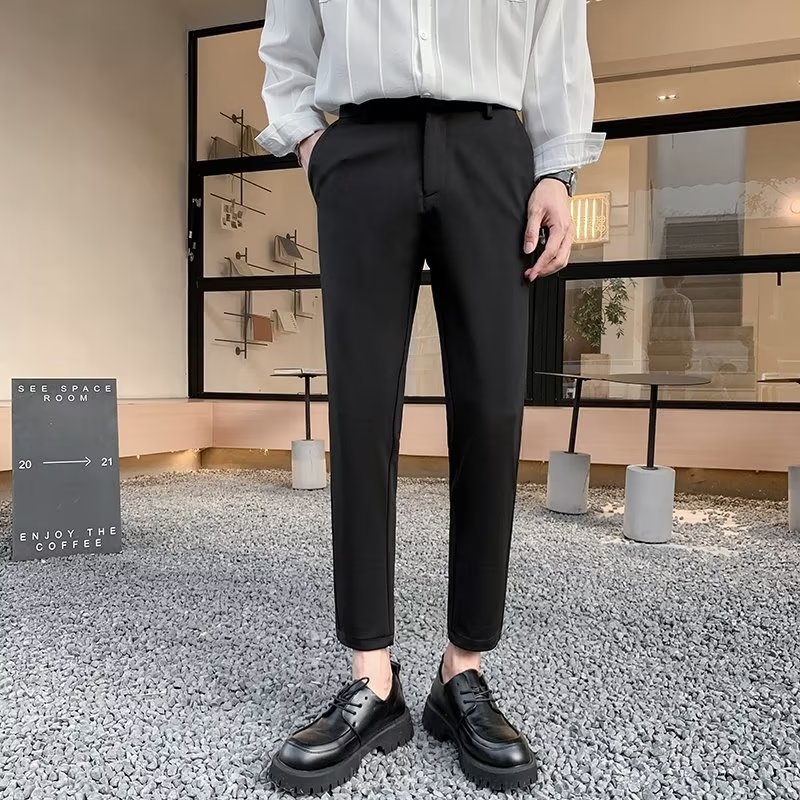 Muške slim cropped hlače za proljeće i ljeto, korejskog stila, moderne poslovne hlače s blokom boja, straight kroj, poliester