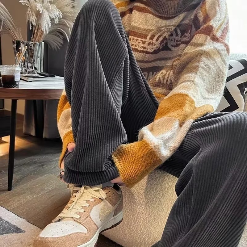 Muške hlače od corduroya s fleece podstavom za jesen-zimu, ravni kroj, široke nogavice, retro casual sports hlače