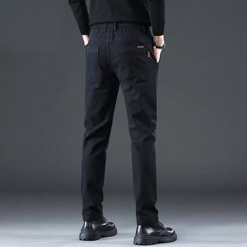 Fekete férfiaknak szóló üzleti casual nadrág, őszi-téli fleece béléssel, egyenes szabású, karcsú