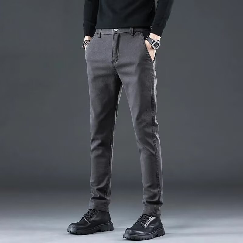 Fekete férfiaknak szóló üzleti casual nadrág, őszi-téli fleece béléssel, egyenes szabású, karcsú