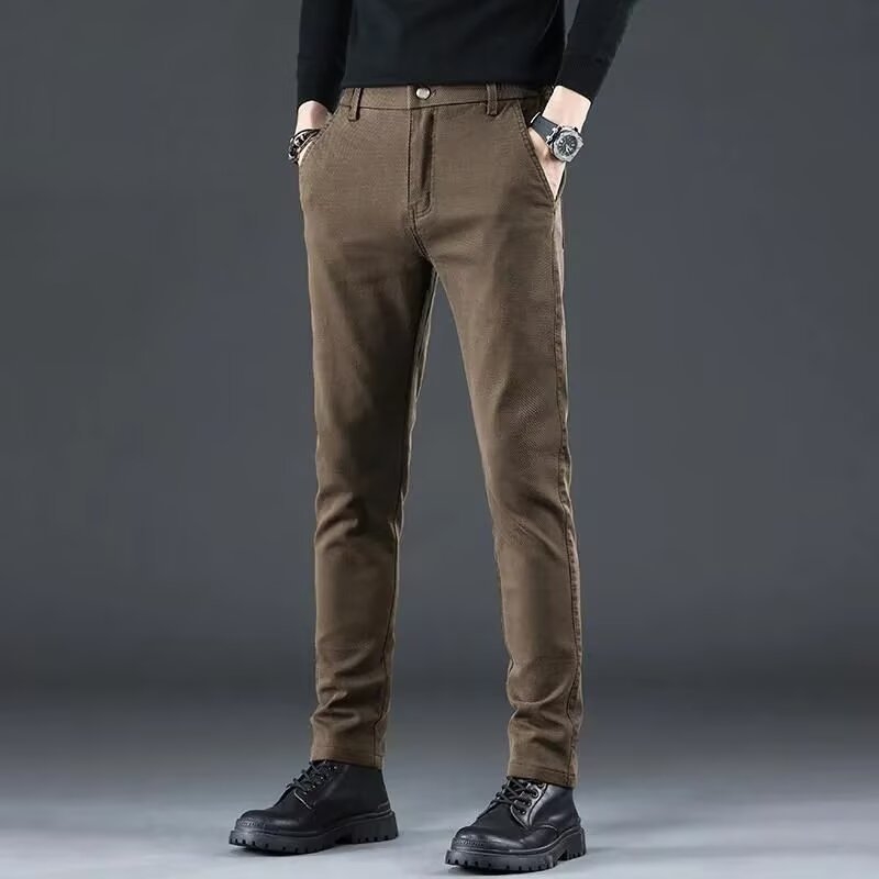 Fekete férfiaknak szóló üzleti casual nadrág, őszi-téli fleece béléssel, egyenes szabású, karcsú