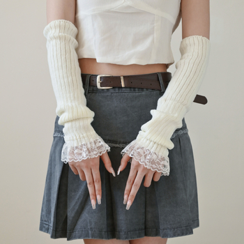 Pleteni topli nadlaktni rukavice za jesen i zimu, slatki Lolita čipkasti stil