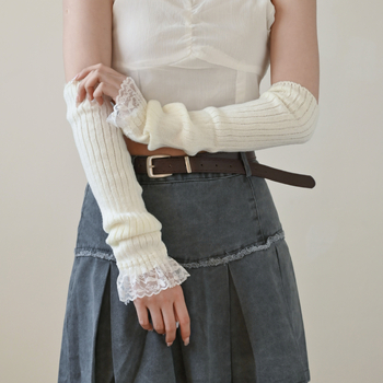 Pleteni topli nadlaktni rukavice za jesen i zimu, slatki Lolita čipkasti stil