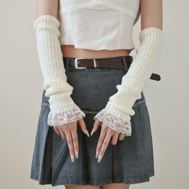 Pleteni topli nadlaktni rukavice za jesen i zimu, slatki Lolita čipkasti stil