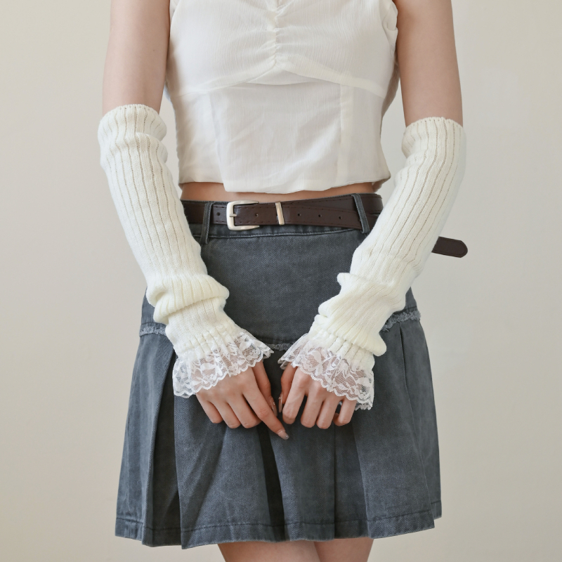 Pleteni topli nadlaktni rukavice za jesen i zimu, slatki Lolita čipkasti stil