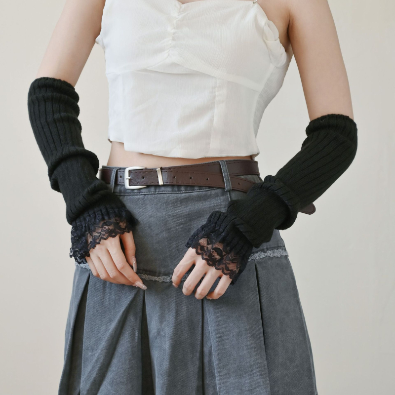Pleteni topli nadlaktni rukavice za jesen i zimu, slatki Lolita čipkasti stil