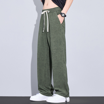 Férfi jacquard mintás szabadidőnadrág, nyári trend, laza egyenes szabás, széles szár, drapált sport stílus