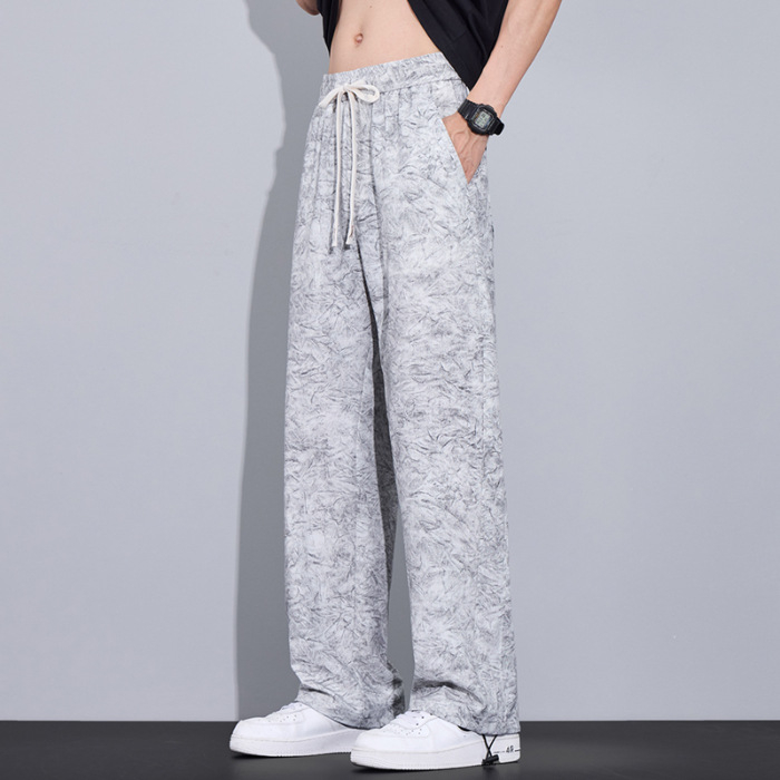 Férfi jacquard mintás szabadidőnadrág, nyári trend, laza egyenes szabás, széles szár, drapált sport stílus