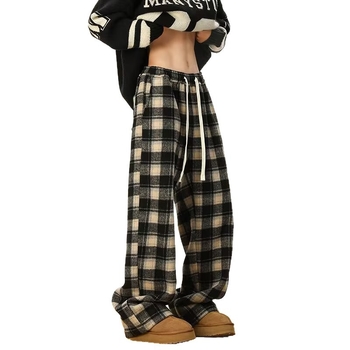 Férfiaknak szóló kockás gyapjú casual nadrág, téli fleece béléssel, széles lábszárú, egyenes fazon