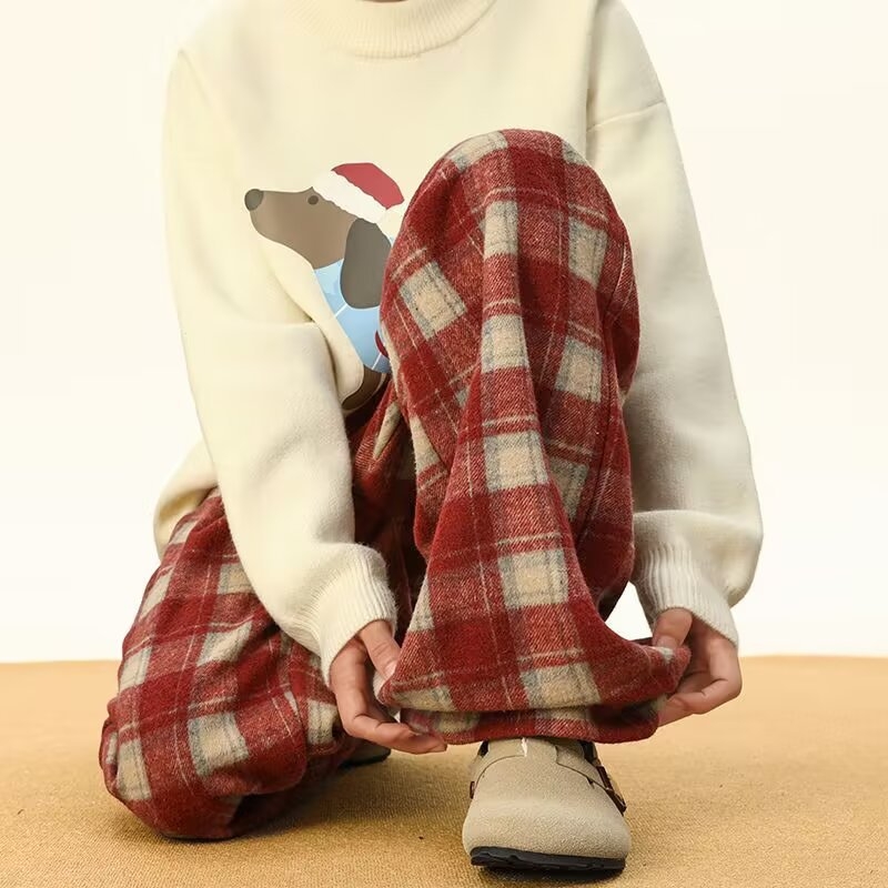 Férfiaknak szóló kockás gyapjú casual nadrág, téli fleece béléssel, széles lábszárú, egyenes fazon