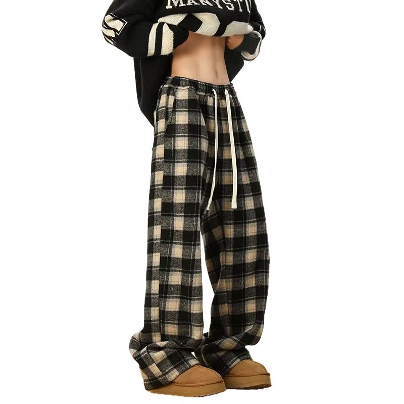 Férfiaknak szóló kockás gyapjú casual nadrág, téli fleece béléssel, széles lábszárú, egyenes fazon