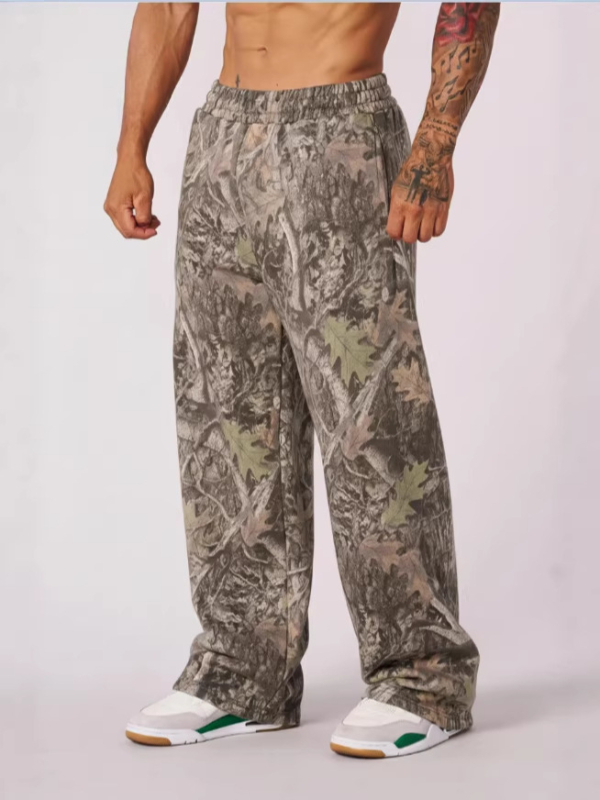 2025 Levél camouflage 3D nyomtatott, kényelmes férfi nadrág, laza szabás, kültéri sportnadrág egyenes szárú