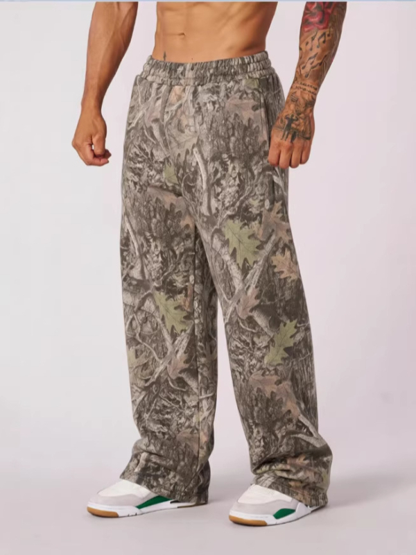 2025 Levél camouflage 3D nyomtatott, kényelmes férfi nadrág, laza szabás, kültéri sportnadrág egyenes szárú