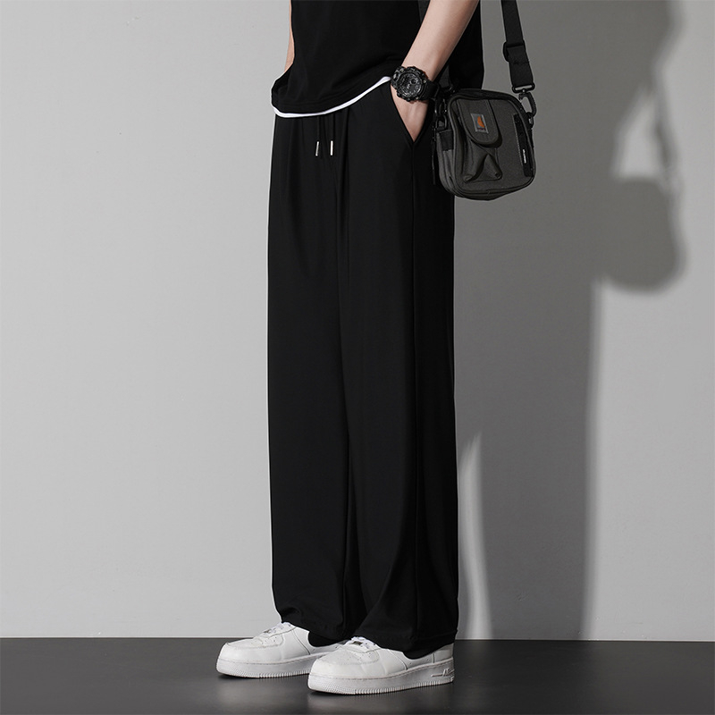 Férfi nyári nadrágok, széles és egyenes szabású, hongkongi stílus, Ice Silk drapált textúra, casual/workwear