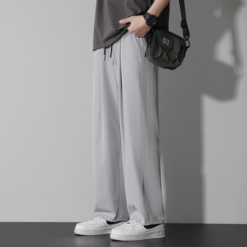 Férfi nyári nadrágok, széles és egyenes szabású, hongkongi stílus, Ice Silk drapált textúra, casual/workwear