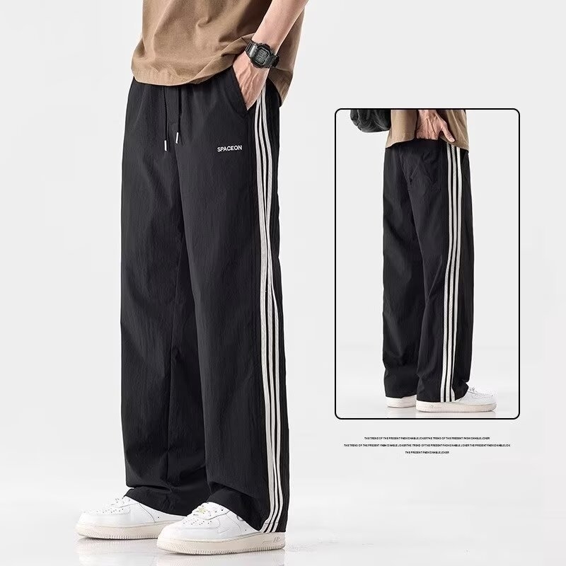 Férfi nyári casual nadrág csíkos, széles szárú, egyenes szabású, ejtőernyős stílusú