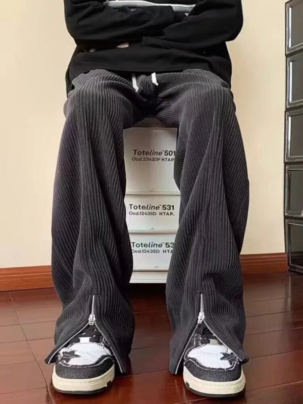 Corduroy cipzáros oldalsó hasítékos férfi sportnadrág, őszi-téli, laza egyenes szabású, széles lábú