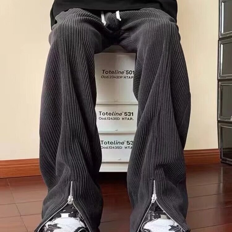 Corduroy cipzáros oldalsó hasítékos férfi sportnadrág, őszi-téli, laza egyenes szabású, széles lábú