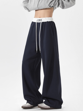 Férfiaknak Navy kék, mindennapi casual nadrág, laza szabású, egyenes szárú, hosszú, kötős zárás