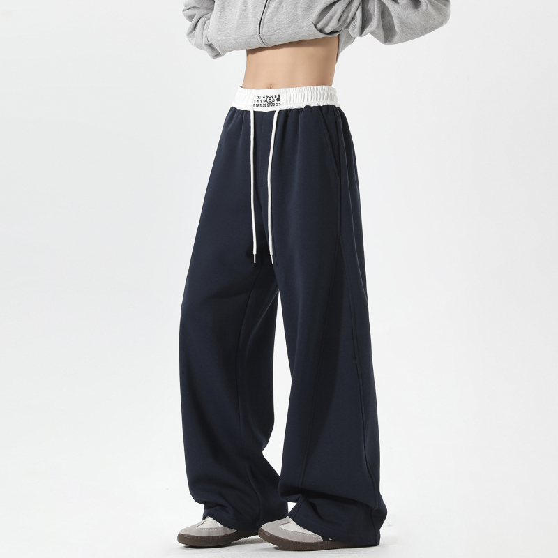 Férfiaknak Navy kék, mindennapi casual nadrág, laza szabású, egyenes szárú, hosszú, kötős zárás