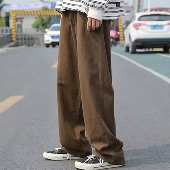 Japán-stílusú retro munkanadrág férfiaknak, barna, egyenes szabású, széles szárú, mindennapi hosszú nadrág