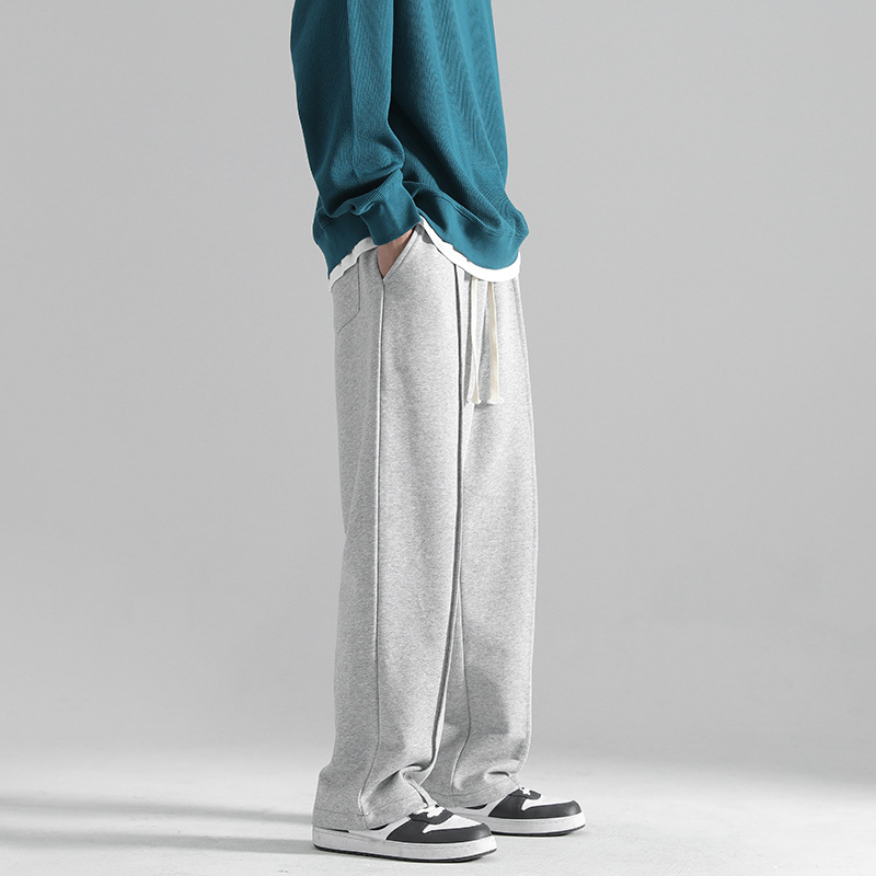 Szürke férfi sportnadrág fleece-béléssel, téli, középmagas derekú, lazán szabott egyenes szárú
