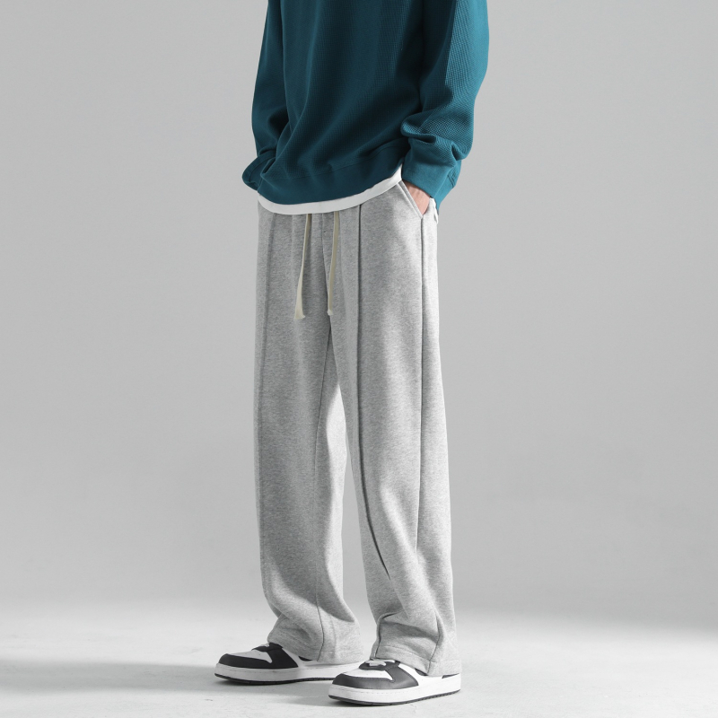 Szürke férfi sportnadrág fleece-béléssel, téli, középmagas derekú, lazán szabott egyenes szárú