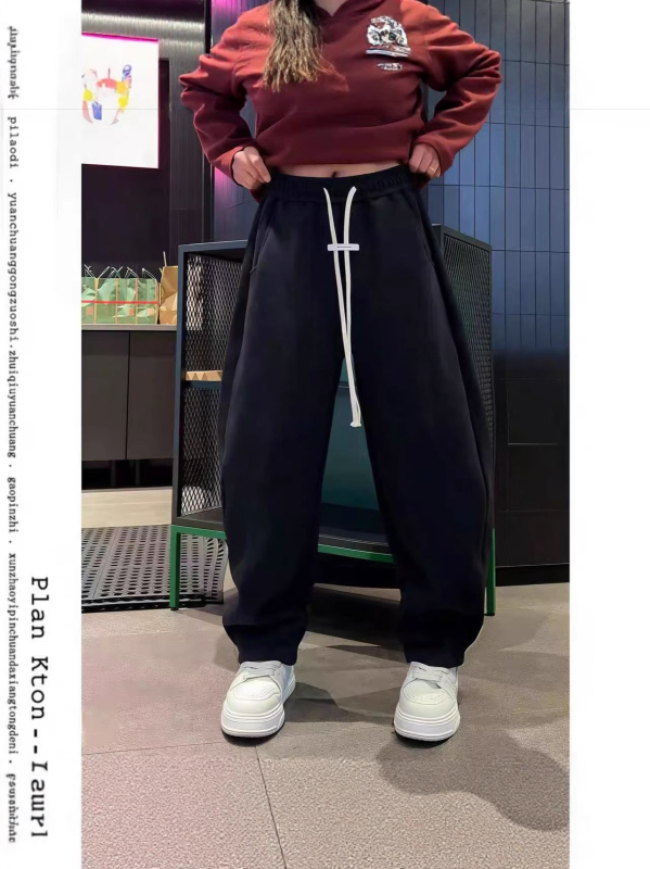 Férfi fleece-belelt egyenes jogger nadrág téli viselet, húzózsinóros derék, laza szabás
