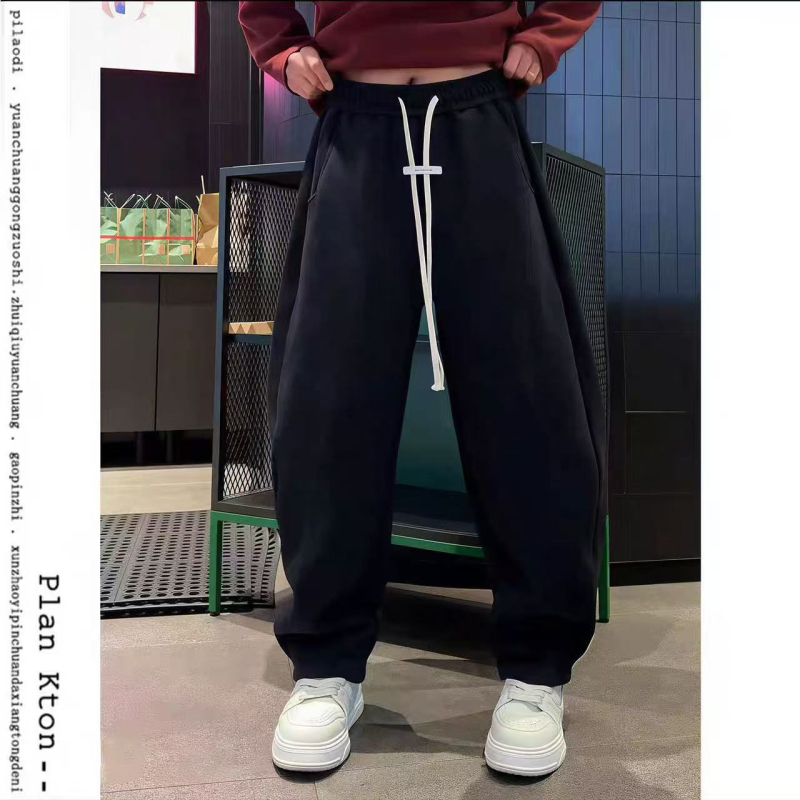 Férfi fleece-belelt egyenes jogger nadrág téli viselet, húzózsinóros derék, laza szabás