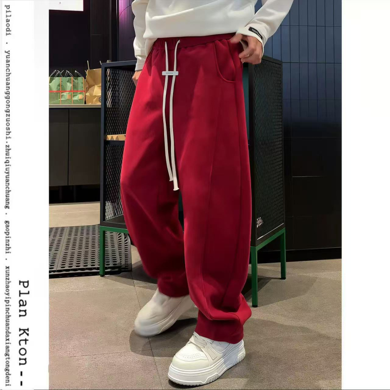 Férfi fleece-belelt egyenes jogger nadrág téli viselet, húzózsinóros derék, laza szabás