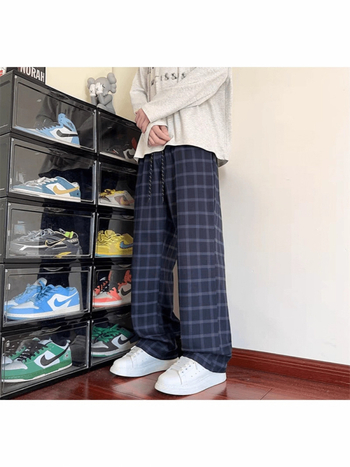 Muške duge hlače u mornarsko plavoj boji s kontrastnim retro kariranim uzorkom, casual, straight kroj