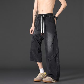 Férfi denim munkanadrág, sportos széles szárú fazon, amerikai stílus, laza egyenes szabás, retro, mindennapi viselet