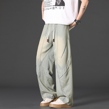 Férfi denim munkanadrág, sportos széles szárú fazon, amerikai stílus, laza egyenes szabás, retro, mindennapi viselet