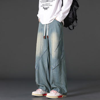 Férfi denim munkanadrág, sportos széles szárú fazon, amerikai stílus, laza egyenes szabás, retro, mindennapi viselet