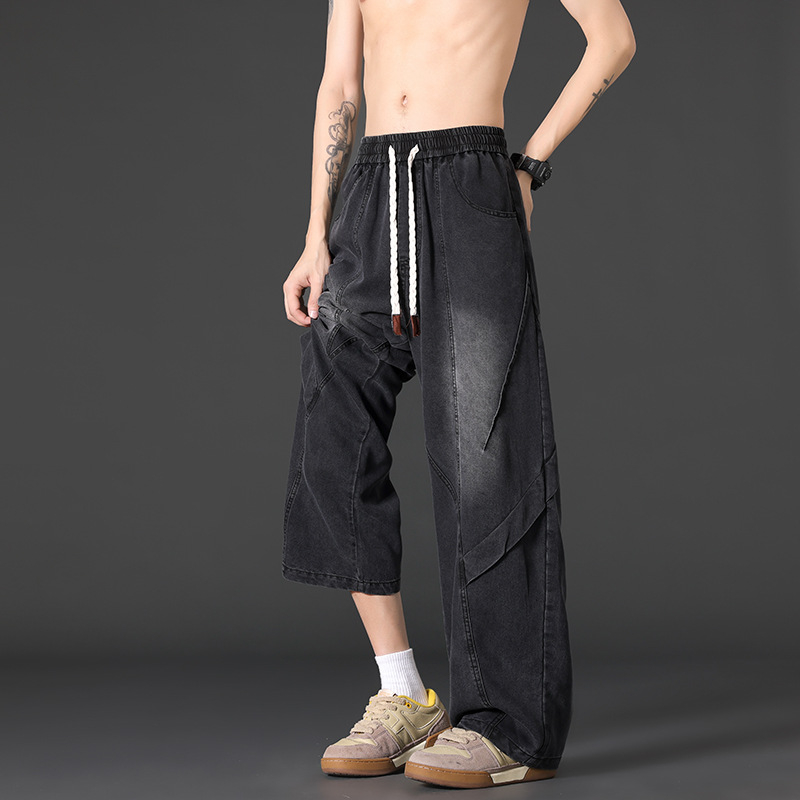 Férfi denim munkanadrág, sportos széles szárú fazon, amerikai stílus, laza egyenes szabás, retro, mindennapi viselet