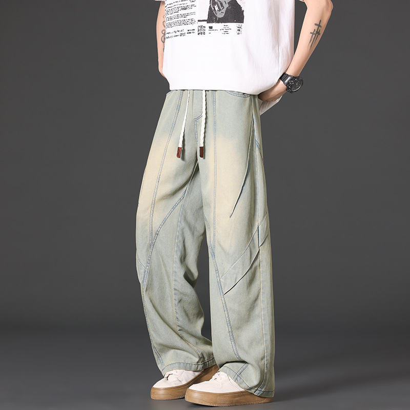 Férfi denim munkanadrág, sportos széles szárú fazon, amerikai stílus, laza egyenes szabás, retro, mindennapi viselet