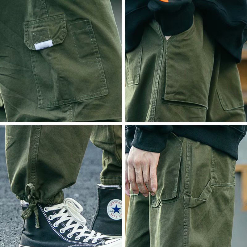 Muške hlače u japanskom stilu s funkcionalnim dizajnom, casual, širokih krojeva, s vezicom na gležnjevima, ulzzang hip-hop izgled, s više džepova.