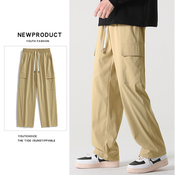 Férfi egyenes szabású nadrág, egyszínű, több zsebbel, casual/munka-stílus, tavasz–ősz, laza szabás, twill anyag