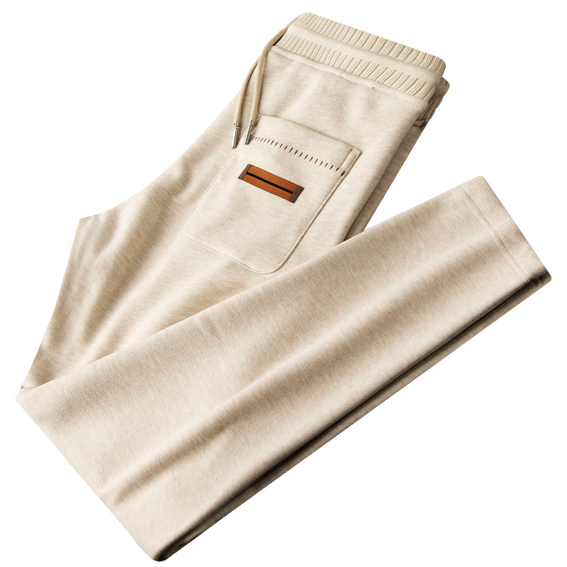 Férfi utcai stílusú csíkos textúrájú fleece-béléssel bélelt vastag téli nadrág, húzózsinórral, egyenes szabás, meleg és kényelmes