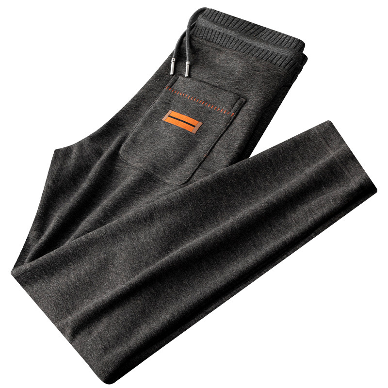 Férfi utcai stílusú csíkos textúrájú fleece-béléssel bélelt vastag téli nadrág, húzózsinórral, egyenes szabás, meleg és kényelmes