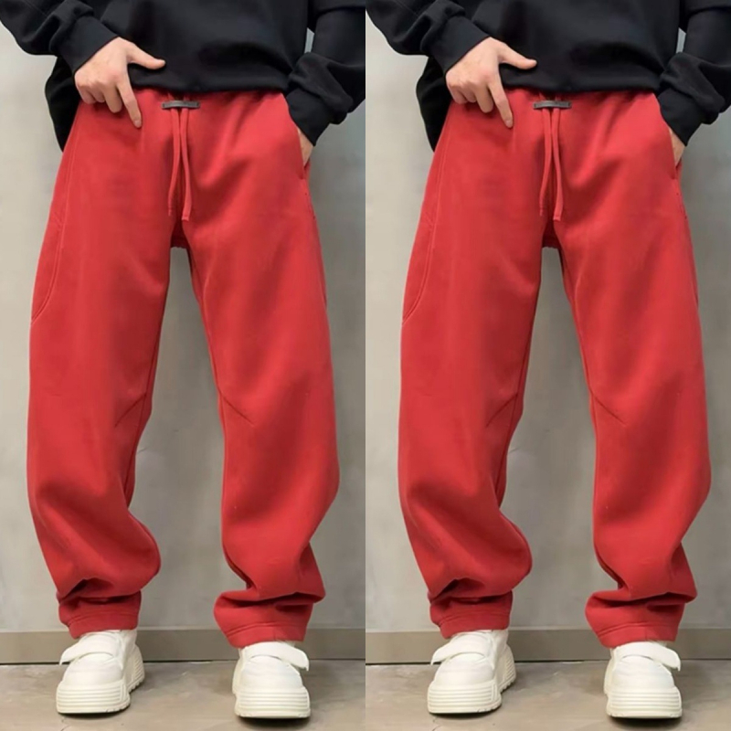 Férfi téli fleece-belelt sportos nadrág, lazán szabott, hosszú, mindennapi viselet, sokoldalú, stílusos sportos casual megjelenés egyedi karakterrel