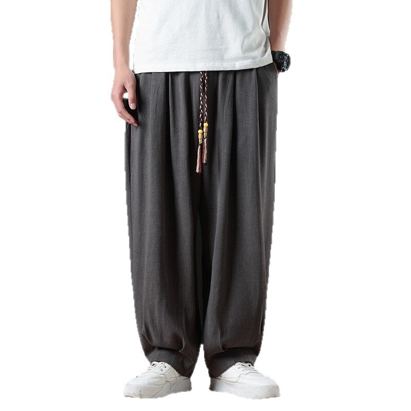 Férfi nadrágok tavaszra és őszre, kínai stílus, len-pamut keverék, plusz méret, széles szárú lantern nadrág, egyenes szabású, casual