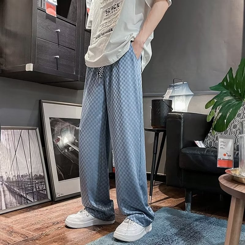 Férfi casual nadrág jacquard mintás, szakadt hatású és lyukakkal, magas derék, laza szabás, hosszú, széles lábú