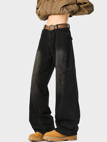 Amerikai retro workwear denim nadrág férfiaknak, mosott, tavasz–ősz, casual, sokoldalú dekonstrukciós dizájn, széles szabás