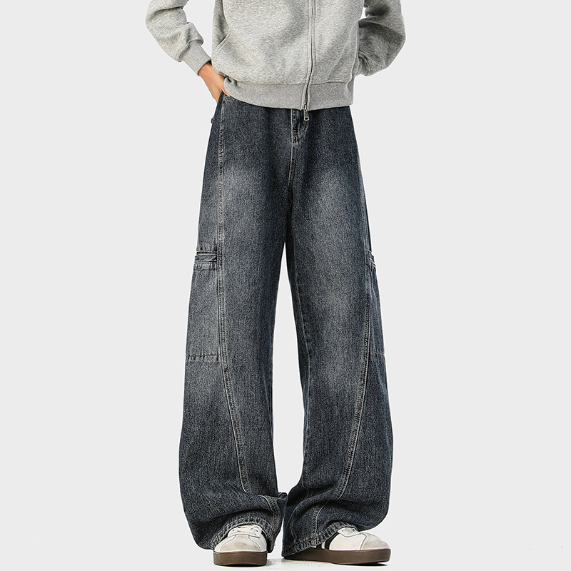 Amerikai retro workwear denim nadrág férfiaknak, mosott, tavasz–ősz, casual, sokoldalú dekonstrukciós dizájn, széles szabás