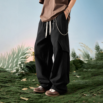 Férfiaknak 100% pamutból készült workwear-stílusú széles szabású nadrág, casual plusz méret, padlóig érő hosszúság, ejtőernyős stílus