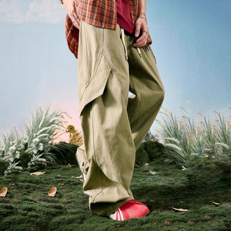 Férfiaknak 100% pamutból készült workwear-stílusú széles szabású nadrág, casual plusz méret, padlóig érő hosszúság, ejtőernyős stílus