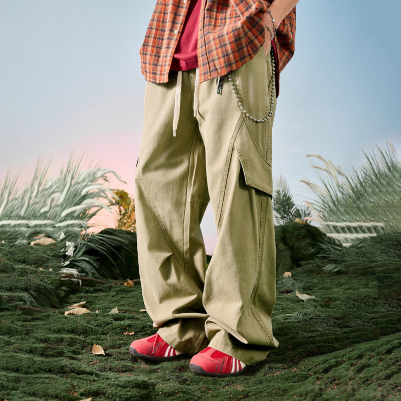 Férfiaknak 100% pamutból készült workwear-stílusú széles szabású nadrág, casual plusz méret, padlóig érő hosszúság, ejtőernyős stílus
