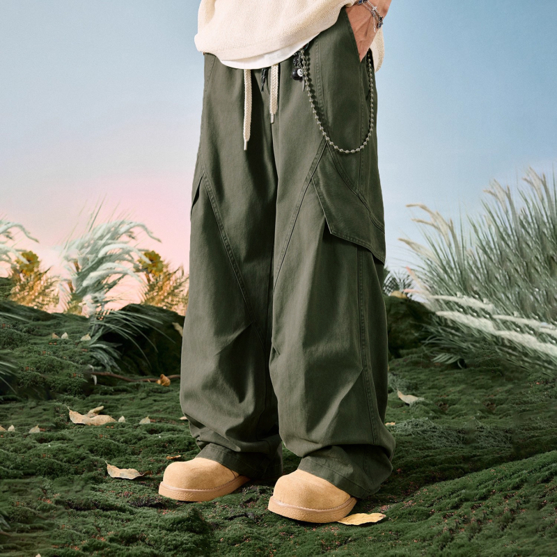 Férfiaknak 100% pamutból készült workwear-stílusú széles szabású nadrág, casual plusz méret, padlóig érő hosszúság, ejtőernyős stílus