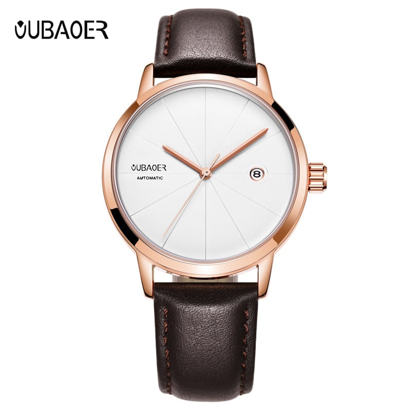 OUBAOER Muški sat s kožnim remenom, automatski mehanički pokret, 41 mm brojčanik, vodootpornost 30 m, kalendar, OB2025B